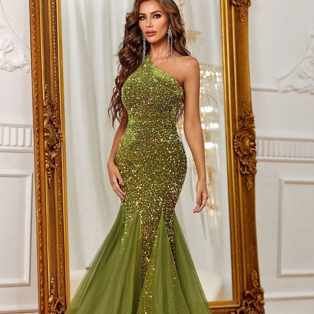 Olive Preppy Womens One Shoulder Sequin Formal Dress - Picture 5 of 5